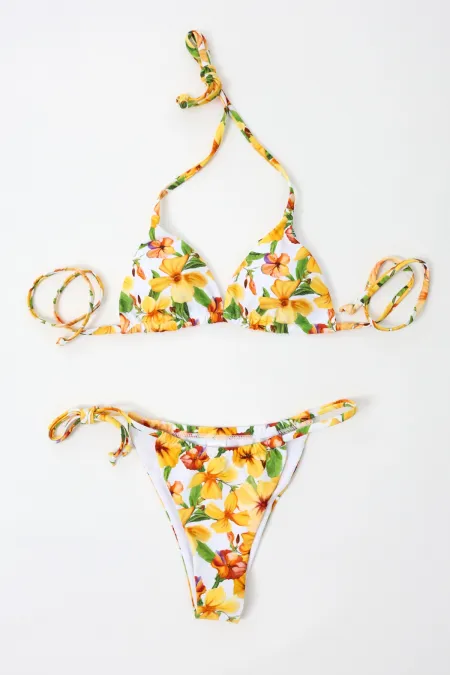 Women's Orange Floral Patterned Lined Rope Tied Triangle Bikini Set HZL24S-LC2231