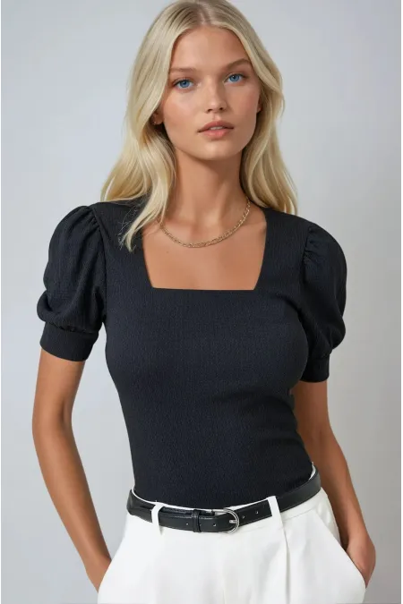 Kadın Siyah Kare Yaka Örme Bluz HZL22W-BD104091