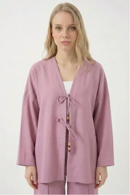 Kadın Gül Kurusu Keten Bağlama Detaylı Kimono Pantolon İkili Takım HZL26S-BD167271