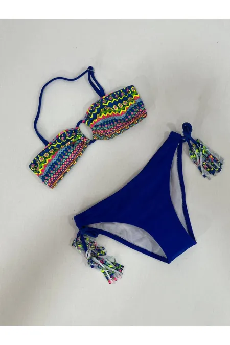 Ensemble bikini triangle bleu à doublure multicolore pour fille, 4-12 ans, HZL24S-LC1904