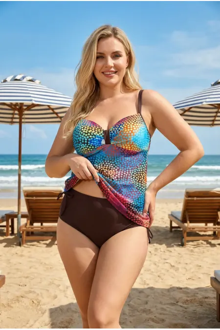 Tankini grande taille pour femme, à pois multicolores marron, avec fond de robe HZL26S-LC9025