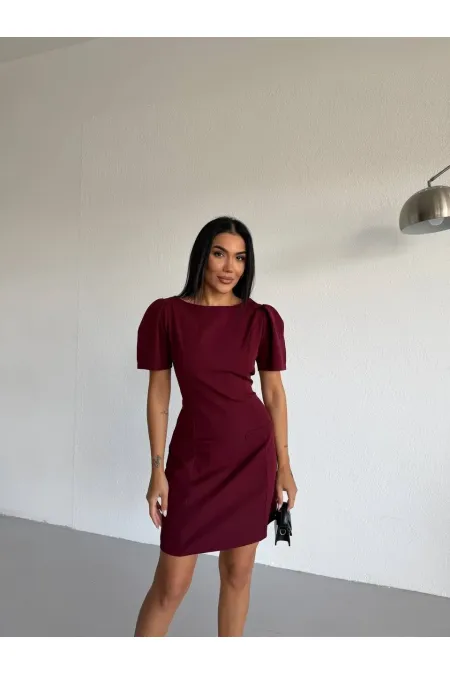 Women's Burgundy Boat Neck Welt Pocket Short Sleeve Mini Dress HZL26S-FRY123891 Women's Burgundy Boat Neck Welt Pocket Short Sleeve Mini Dress HZL26S-FRY123891