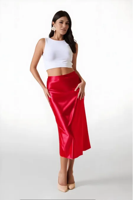 Kadın Kırmızı Saten Yüzeyli Beli Lastikli Midi Boy Etek Hzl23S-BD1101471