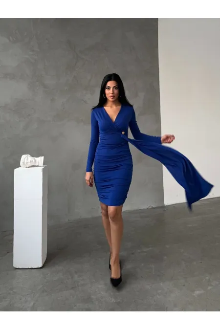 Kadın Saks Mavi V Yaka Toka Ve Büzgü Detaylı Elbise HZL25W-FRY122611