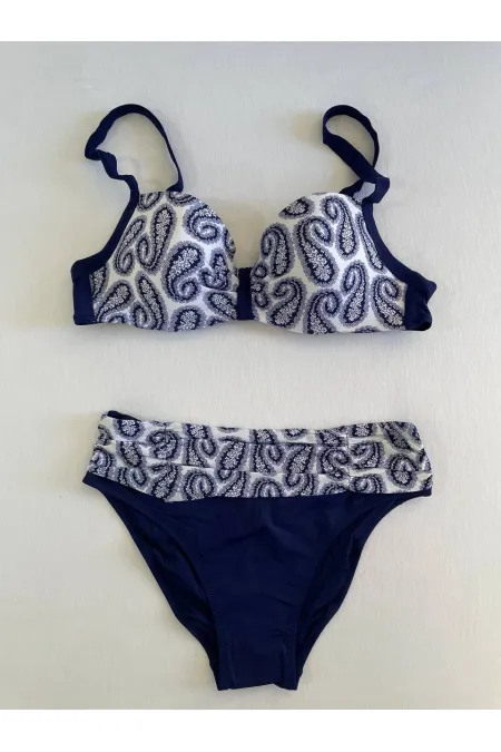 Ensemble bikini femme bleu marine et blanc à motifs ethniques HZL25S-LC213