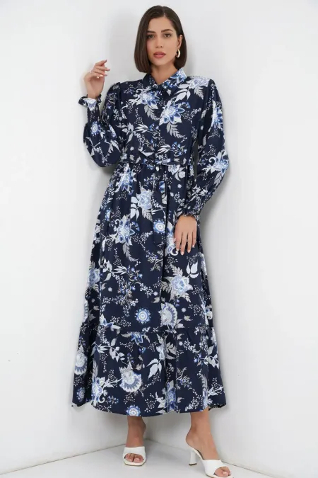 Kadın Kuşaklı Tesettür Elbise 2589 - Lacivert