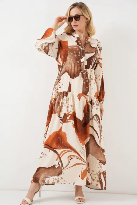 Kadın Desenli Uzun Tesettür Elbise 2585 - Kahverengi