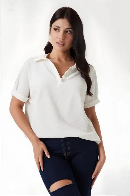 Kadın Ekru Polo Yaka Geniş Kesim Örme Bluz HZL24S-BD104861