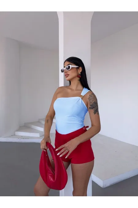 Kadın Mavi Tek Omuz Gold Metal Detaylı Bluz HZL25S-FRY123111