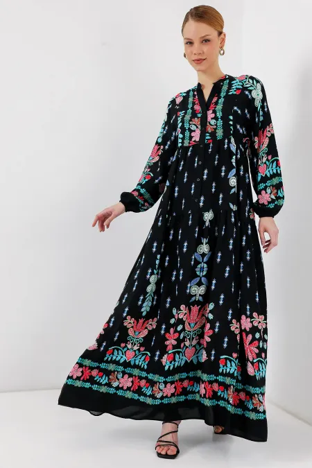 Robe hijab à motifs authentiques 2423 - Noir - Menthe
