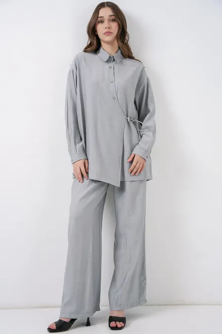 Ensemble deux pièces tunique et pantalon à lacets pour femme 6752 - Gris