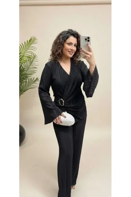 Women's Black Plus Size Pleated Evening Dress Set with Buckle Detail HZL26W-PR10101