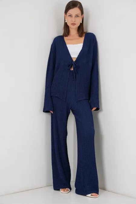 Women's Knitted Blouse and Pants Two-Piece Set 30052 - Navy Blue