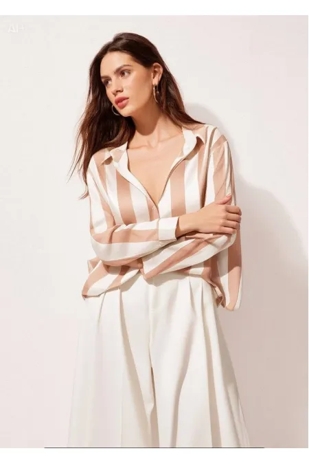 Kadın Bej Krem Çizgili Saten Gömlek HZL23S-BD1201731