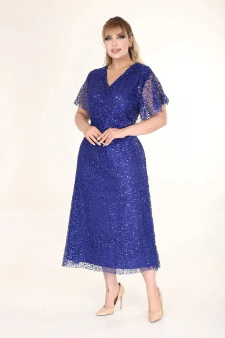 Kadın Saks Mavi Büyük Beden Kruvaze Yaka Payetli Abiye Elbise HZL26S-PR11171