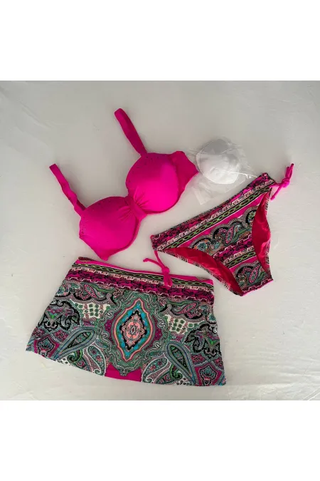 Women's Fuchsia Stone Embroidered Patterned 3-Piece Bikini Set HZL25S-LC3326
