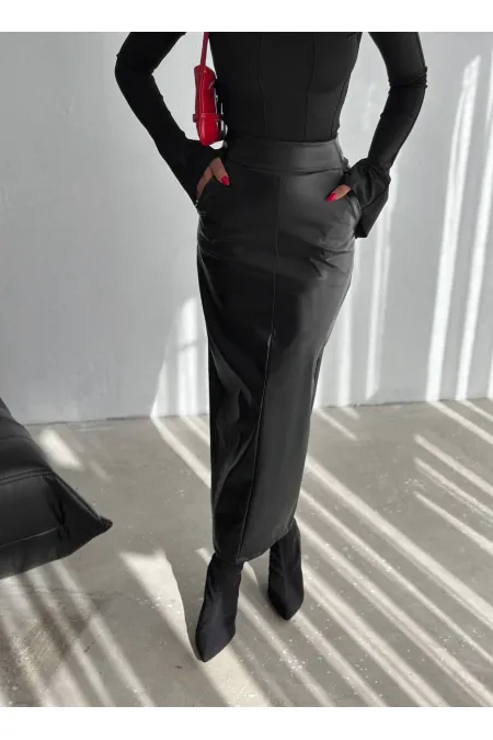 Jupe crayon noire fendue dans le dos avec poches zippées pour femme HZL25W-FRY122431