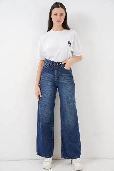 Women's Wide Leg High Waist Palazzo Jeans 6656 - Navy Blue
