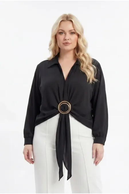 Women's Black Plus Size Oversize Chiffon Blouse with Ring Buckle HZL26S-ZSS110701 Women's Black Plus Size Oversize Chiffon Blouse with Ring Buckle HZL26S-ZSS110701