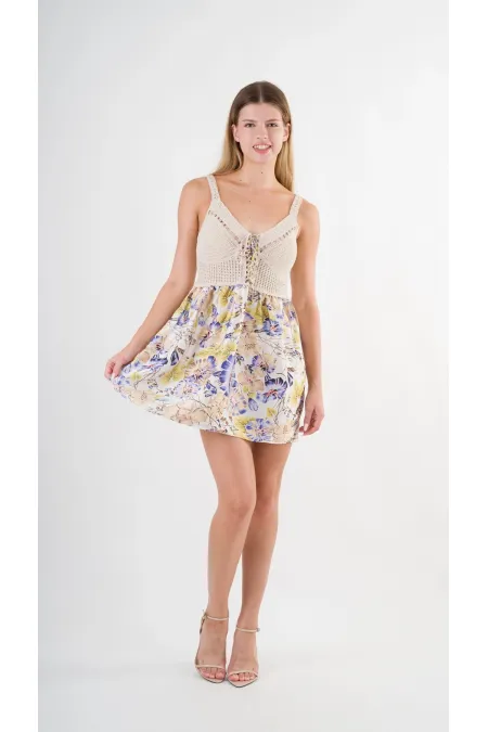 Kadın Mor Önden İp Bağlamalı Ajurlu Model Saten Yüzeyli Mini Elbise HZL24S-YY250