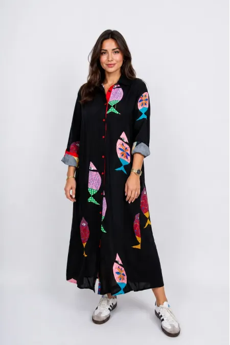Women's Black Plus Size Fishtail Pattern One Size Viscose Fabric Shirt Dress HZL26S-VL12551