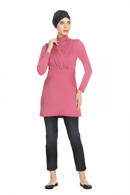 Women's Plus Size Hijab Rose Pink Long Sleeve Full Coverage Lycra Dress Swimsuit with Leggings HZL24S-AR1285 Women's Plus Size Hijab Rose Pink Long Sleeve Full Coverage Lycra Dress Swimsuit with Leggings HZL24S-AR1285