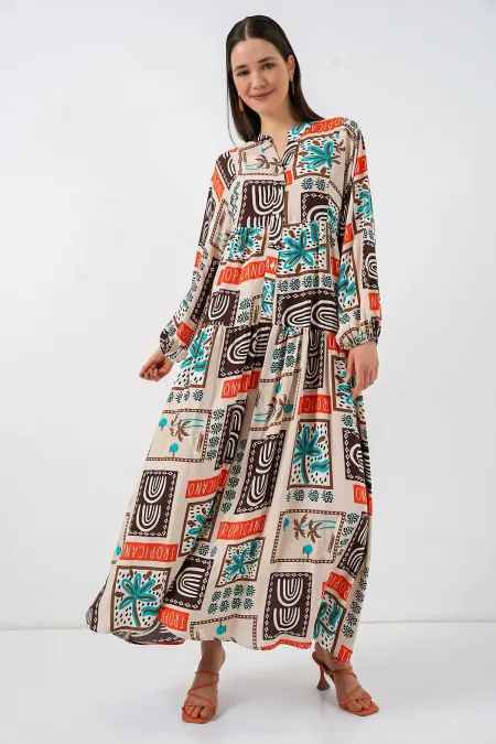 Kadın Desenli Uzun Tesettür Elbise 2585 - Koyu Kahve