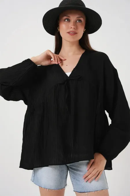Women's Front Lace-Up Long-Sleeve Blouse 946 - Black