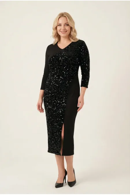 Robe de soirée noire grande taille pour femme, col cache-cœur, détails sequins HZL26W-PR10071