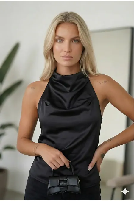 Women's Black Halter Neck Satin Fabric Backless Blouse HZL26W-FRY123801