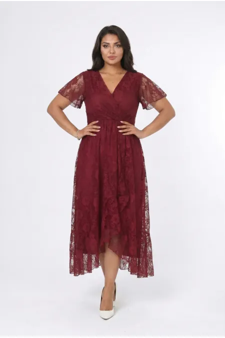 Kadın Bordo Büyük Beden V Yaka Astarlı Dantel Detaylı Şık Abiye Elbise HZL26S-PR11071