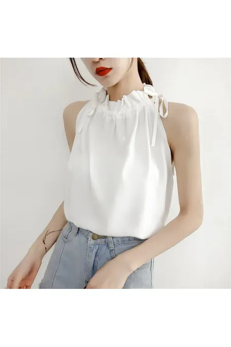 Kadın Beyaz Boynu Büzgü Detaylı Kolsuz Dokuma Şık Bluz  HZL22S-DSB110021