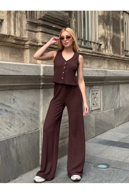 Kadın Kahverengi Beli Lastilkli Gofre Kumaş Pantolon HZL24S-ZK13261