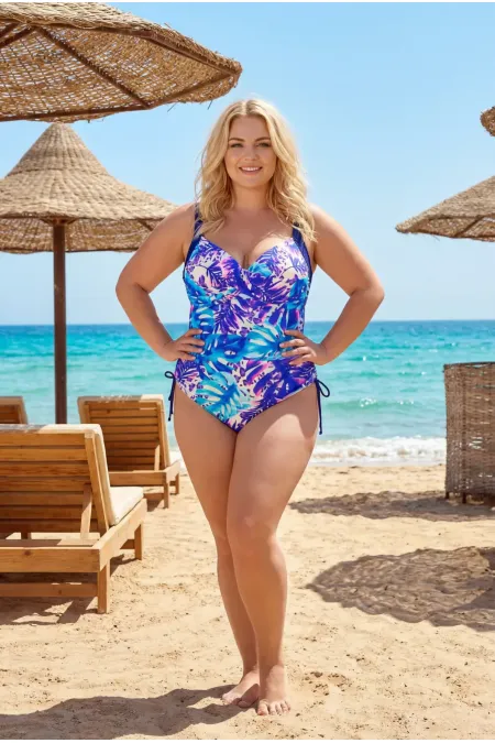 Kadın Lacivert Mor Yaprak Desenli Astarlı Büyük Beden Mayo HZL26S-LC8021