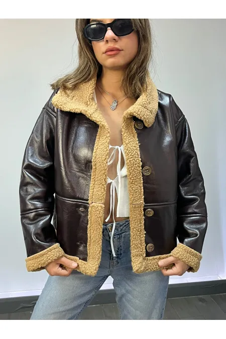 Kadın Acı Kahve İçi Suni Kürklü Önden Düğmeli Suni Deri Mont HZL23W-BRC129311