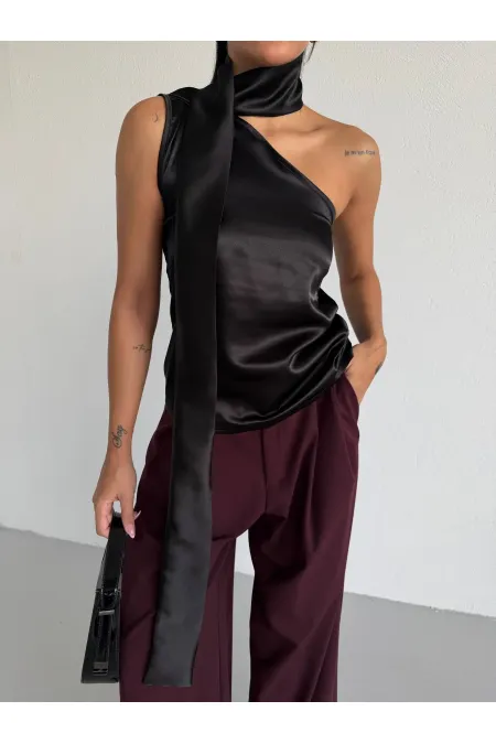 Chemisier asymétrique en satin noir pour femme, col châle et encolure à nouer HZL26W-FRY123731