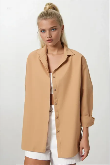 Kadın Camel Oversize Uzun Basic Gömlek  HZL22W-BD139001