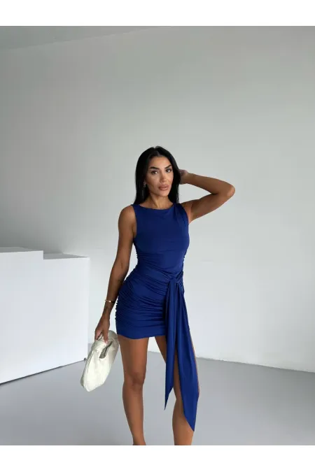 Women's Navy Blue Crew Neck Sleeveless Belted Dress HZL25S-FRY123221