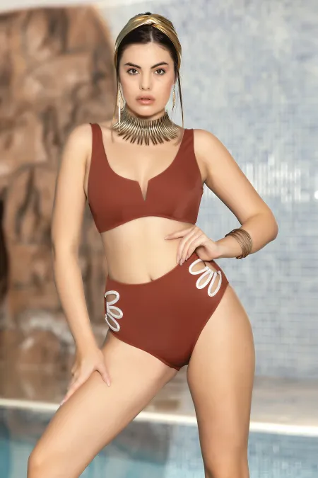 Women's Tile V-Neck Lined High Waist Triangle Bikini Set HZL24S-AR1612