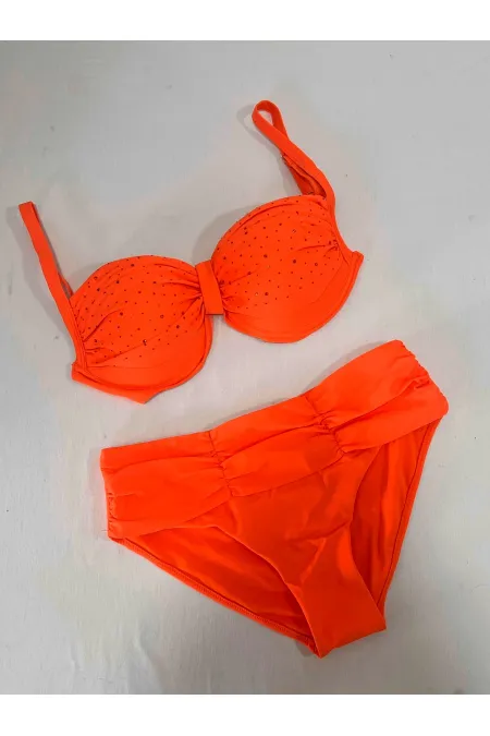 Women's Orange Stone Embroidered Lined Plus Size Bikini Set HZL25S-LC01