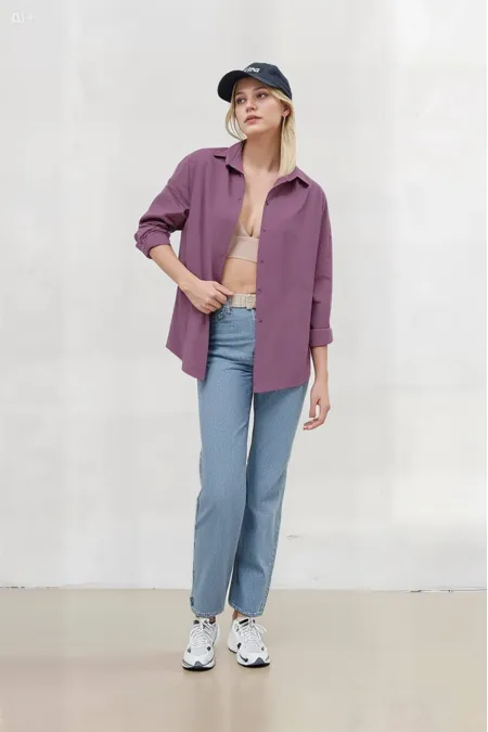 Kadın Koyu Lila Oversize Uzun Basic Gömlek HZL22W-BD139001