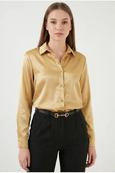 Kadın Gold Hafif Dökümlü Saten Yüzeyli Gömlek HZL22W-BD139641