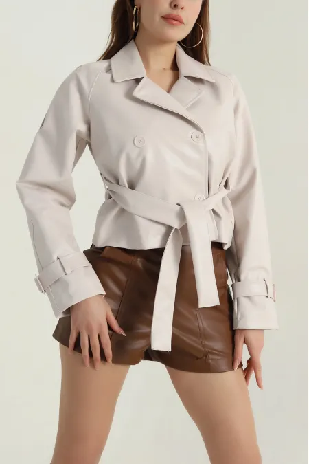 Kadın Krem Kemerli Astarlı Suni Deri Ceket HZL25W-BD110461