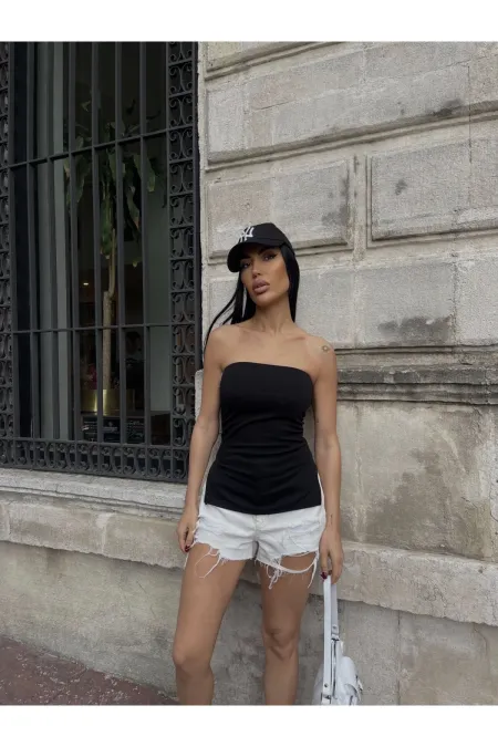 Kadın Siyah Yanı Büzgülü Çift Yırtmaçlı Straplez Bluz HZL24S-ZK13091