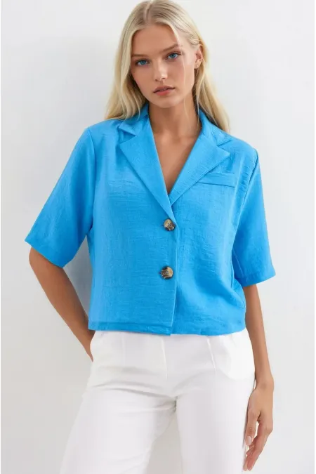 Veste Ayrobin en lin bleu à manches courtes et col châle pour femme, boutonnée, HZL24S-BD107061