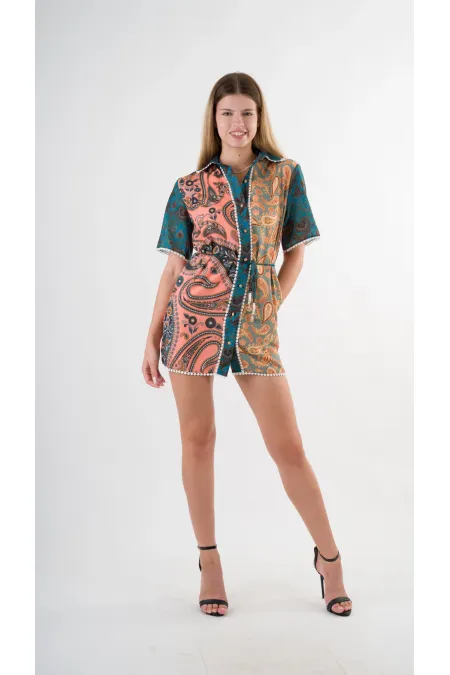 Kadın Yeşil Sarı İp Kemerli Küpürlü Gömlek Görünümlü Elbise HZL24S-YY237