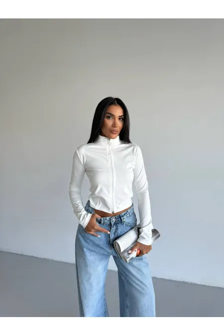 Women's White Diving Fabric Zippered Finger-Tight Sweatshirt HZL25W-FRY123441