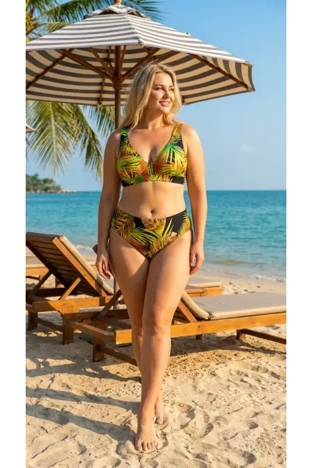 Ensemble bikini doublé grande taille à motif de feuilles noires et jaunes pour femme HZL26S-LC25152-1