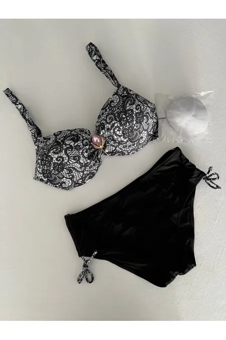 Women's Black Stone Embroidered Buckle Accessory Bikini Set HZL25S-LC3311
