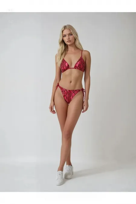 Ensemble bikini triangle dos nu à motif peau de serpent rouge pour femme HZL25S-LC5005